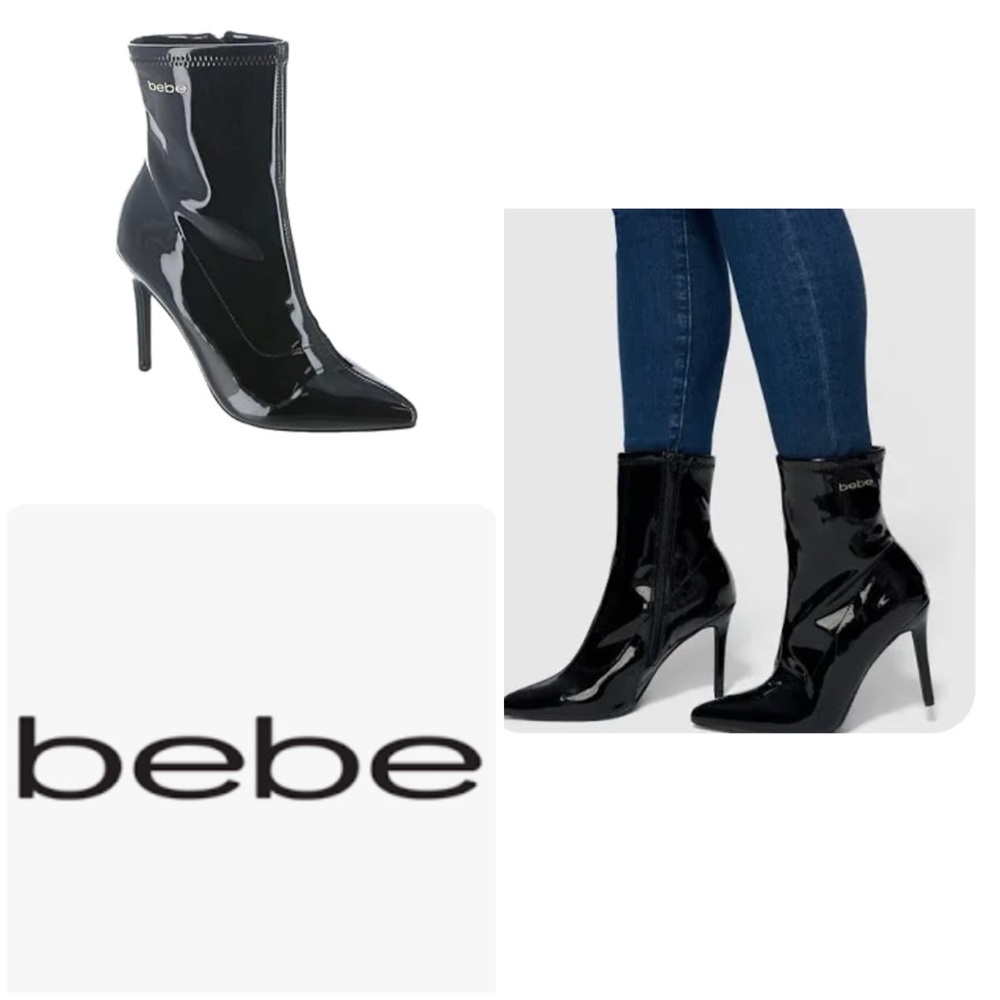 NWB Bebe Women 8  Black patent Stiletto Heeled Kandey Ankle LOGO Boots Side Zip